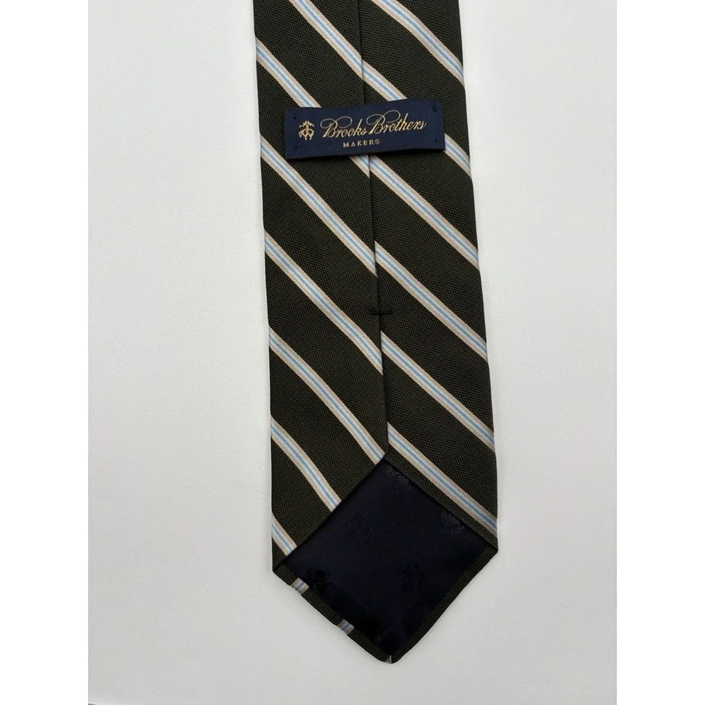 Brooks Brothers Makers Silk Tie Mens Green Blue Stripe Regimental Repp 3.5 W